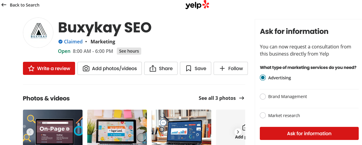 An example of a typical business citation on Yelp