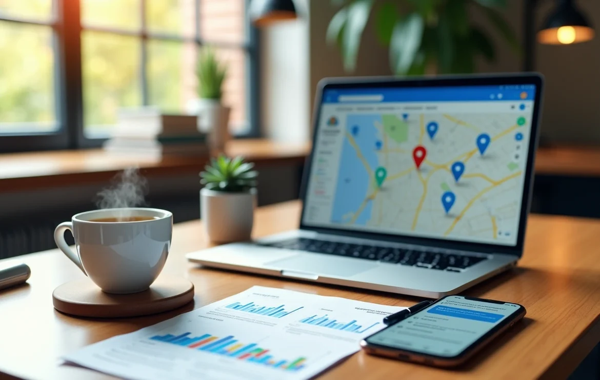 A laptop sitting on a desk with a mug of coffee in the office of an expert engaged in AI local SEO strategies.