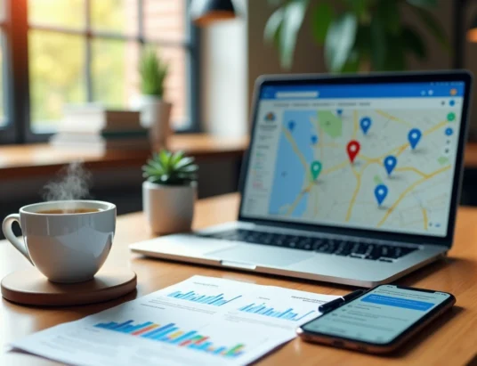A laptop sitting on a desk with a mug of coffee in the office of an expert engaged in AI local SEO strategies.