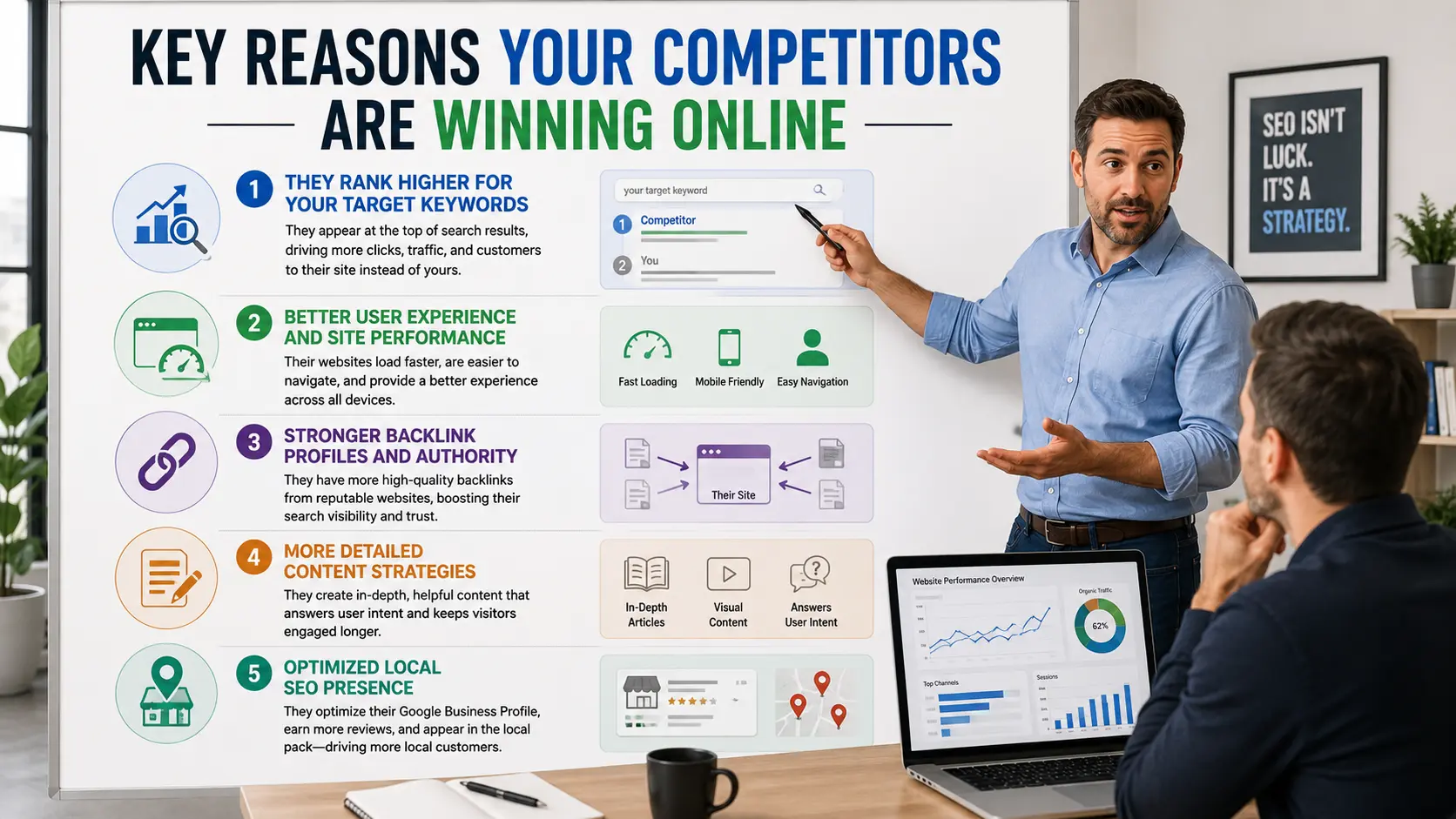 An SEO consultant is using a board filled with graphs and charts to explain to a business owner the reason why his competitors are winning the online game against him.