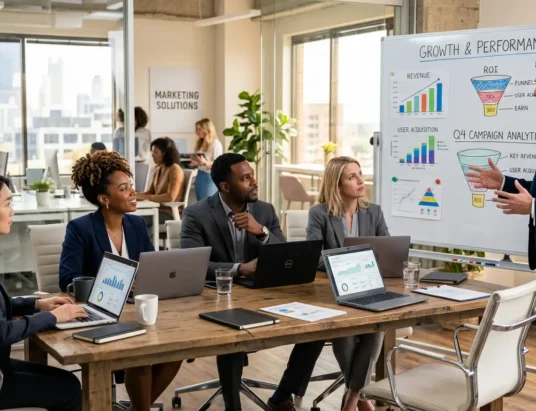 An SEO consultant is explaining the basic concepts of search engine optimization as well as the advantages to a group of his clients.