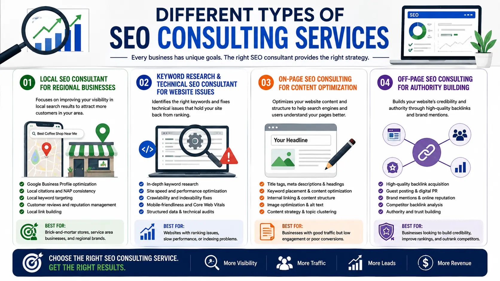 An infographic showing all the types of services an SEO consultant can provide.
